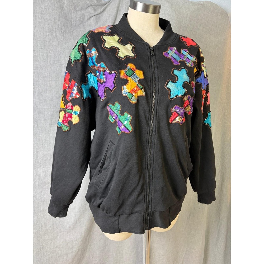 Vintage Gantos Hong Kong Puzzle Piece Appliqué‎ Bomber Jacket 100% Cotton L